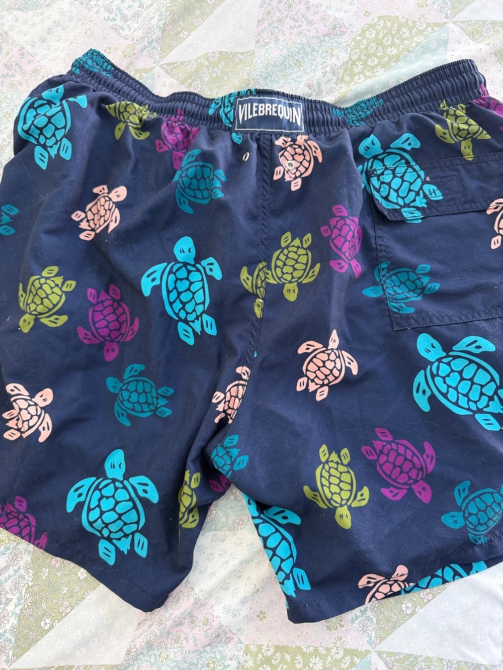 Vilebrequin Navy Swim Shorts with Multicolor Turtle Motif